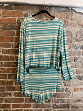 SERRA Teal/Cream Stripe Ribbed Long Sleeve Shorty Shorts 2-piece Pajamas Ladies