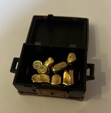 VINTAGE BLACK AND BRONZE TOY PIRATE TREASURE CHEST With Money PLAYMOBIL