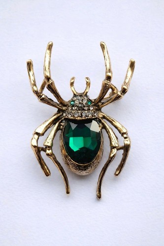 Spider brooch green - green, rhinestone