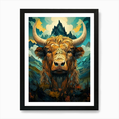 Highland bull art print framed - print,