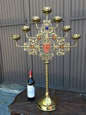 XL 33.6" Antique French Brass Enamel glass stones 7 arms candelabra church rare