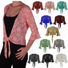 Womens Ladies Plus Size 3/4 Sleeve Floral Lace Sequin Bolero Tie Up Shrug 12-26