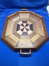 Art Deco Wood Marquetry Inlaid Wooden Serving Tray With Letter R In Centre