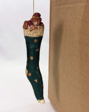 Russ Berrie Bears From The Past Christmas Ornament. Teddy In a Green Stocking.