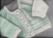 18"  3 months ~  Baby Cardigan ~ Green & White ~ Hand Knitted NEW 