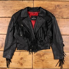 Vintage Berman's Leather Jacket L 90s Western Fringe Black Womens