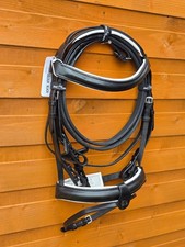 Premium Horse Bridle Black And White Leather with Padded 1.5" Noseband and Reins