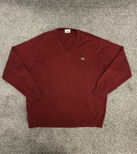 Lacoste Mens V-Neck Jumper Sweater Large Burgundy Wool