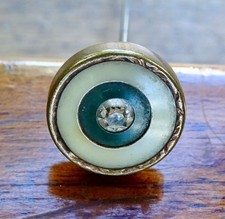 antique Edwardian clear rhinestone green cream celluloid 6" long hat pin -416