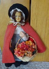 1950s Wax head Peddler Doll with flowers  metal feet, felt and wire  7"