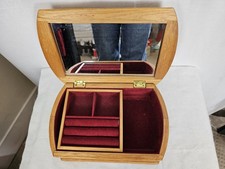 Mele Jewellery Box Oak Finish Wood Red Lining Removeable Tray Vintage