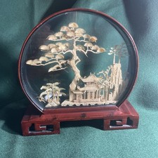 Vintage Oriental Chinese 3D Hand Carved Cork Diorama Pagoda Cranes, trees  Art