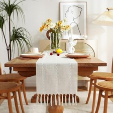Boho Table Runner Beige Cream Woven Cotton Tassel Decor For Dining Or Sideboard