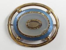 Antique Victorian Rolled Gold & Blue Enamel Mourning Hair Brooch Pin Circa 1850