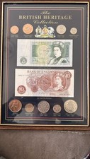 VINTAGE FRAMED THE BRITISH HERITAGE COIN AND NOTE COLLECTION - 9 COINS + 2 NOTES