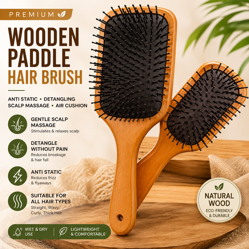 Wooden paddle hair brush - wooden,