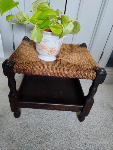Antique seagrass stool oak - seagrass,