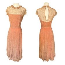 Vintage 40’s Ceil Chapman Lace Gown Peach Brown Copper 24” Waist Midi Sz 4