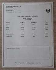Skoda S100 & S110 Price Specification Brochure / Leaflet 1971