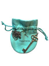 Tiffany & Co Silver Key Necklace with 30 inch Beaded Silver Chain and Pouch