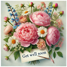 Get Well Soon Colourful Peonies/Roses. Folded Greeting Card, Blank, Envelope New