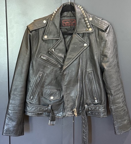 Vtg leather black biker jacket - leather,