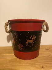 Christmas Reindeer Plant Pot Tin Pail Planter Bucket Handles