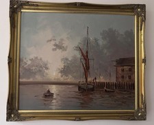 Vintage large nautical oil painting seascape fishing boats signed framed