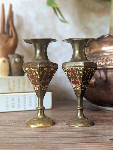 Vintage brass bud - vases, pair