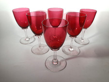 Antique 6 Set Cranberry & Clear Stem Wine / Port Glasses