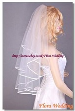 2-Tier 32"L WEDDING/BRIDAL SATIN EDGED VEIL & AUSTRIAN CRYSTAL RHINESTONES,WAIST