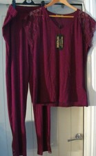 Biba Soft Pyjamas Windsor Wine Gold Flecks Lace Trim Top 16 Bottoms 18 New Tags