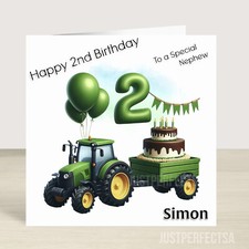 Personalised Green Tractor 2nd boys birthday card for grandson,son,nephew