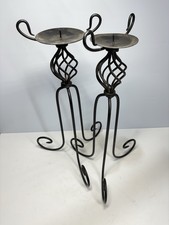 Church Candle Holders 20" T. Black Craft Metal Pillar Stands x 2 Scrolls & Cage