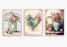 roses flowers Print Picture country shabby chic Unframed A4 set of 3 country
