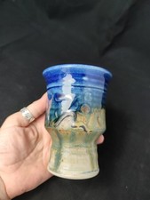 SEA SHELL STONEWARE CUP VASE BLUE GLAZED ART STUDIO ARTISAN HANDMADE