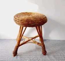 Stunning Small Vintage Rattan Stool Round Seat Four Legs Rustic Mid Centry Chic