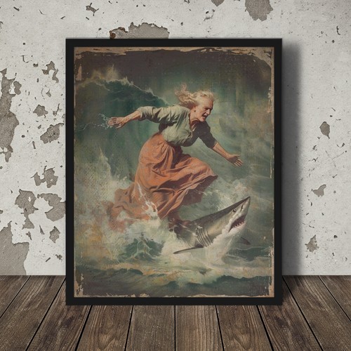 Vintage surfing shark - vintage, wall