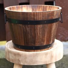 Round Wooden Barrel Planter 28cm Garden Pot with Metal Handles Band Outdoor Tub