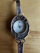 Gorgeous Solid Silver Watch With Mother of Pearl Dial & Garnets