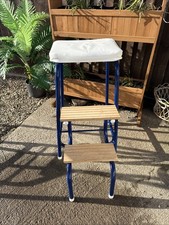 vintage folding step stool Blue  Tubular Metal Fold Away Steps Padded Seat
