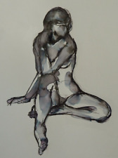 Original pen & ink wash life drawing nude female model floor seated pose