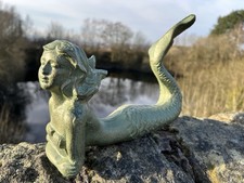 Cast Iron Mermaid Garden Ornament - Verdigris Solid Metal Pond Sculpture Outdoor