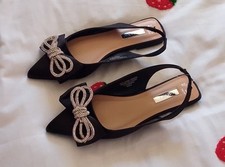 Primark Black Satin Diamante Bow Ballet/Ballerina Pumps/Shoes  Size 3 36 New