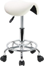 Saddle Stool Foot Rest AUCTION PU Leather Swivel Adjustable Rolling Stool White
