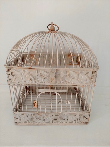Vintage cream metal bird cage - vintage,