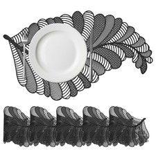 Leaf Shaped Placemats Set of 6 Metallic Vinyl Pressed Placemats, Black