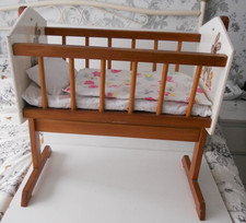VINTAGE DOLLS WOOD ROCKING COT 22" long  22" high  12" wide &  BEDDING DONKEY