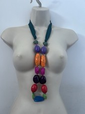 ONE BUTTON Claspless Knotted Ribbon Colourful Chunky Bead Necklace