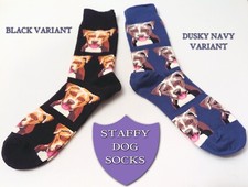 STAFFY DOG SOCKS Blue Black Rust STAFFORDSHIRE BULL TERRIER HEAD Adult One Size